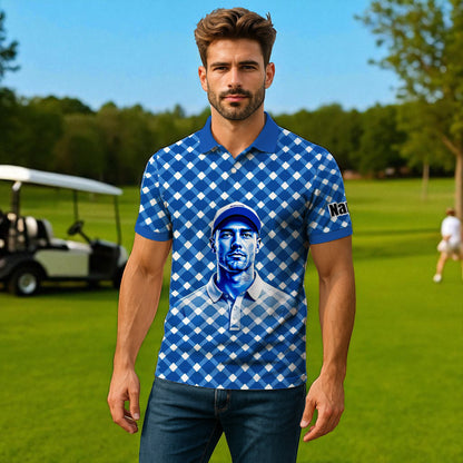 Custom Face Polo Shirt – Geometric Diamond Pattern | Personalized Photo Golf Polo | Unique Gift for Him, Retro Geometric Style Shirt Style 14