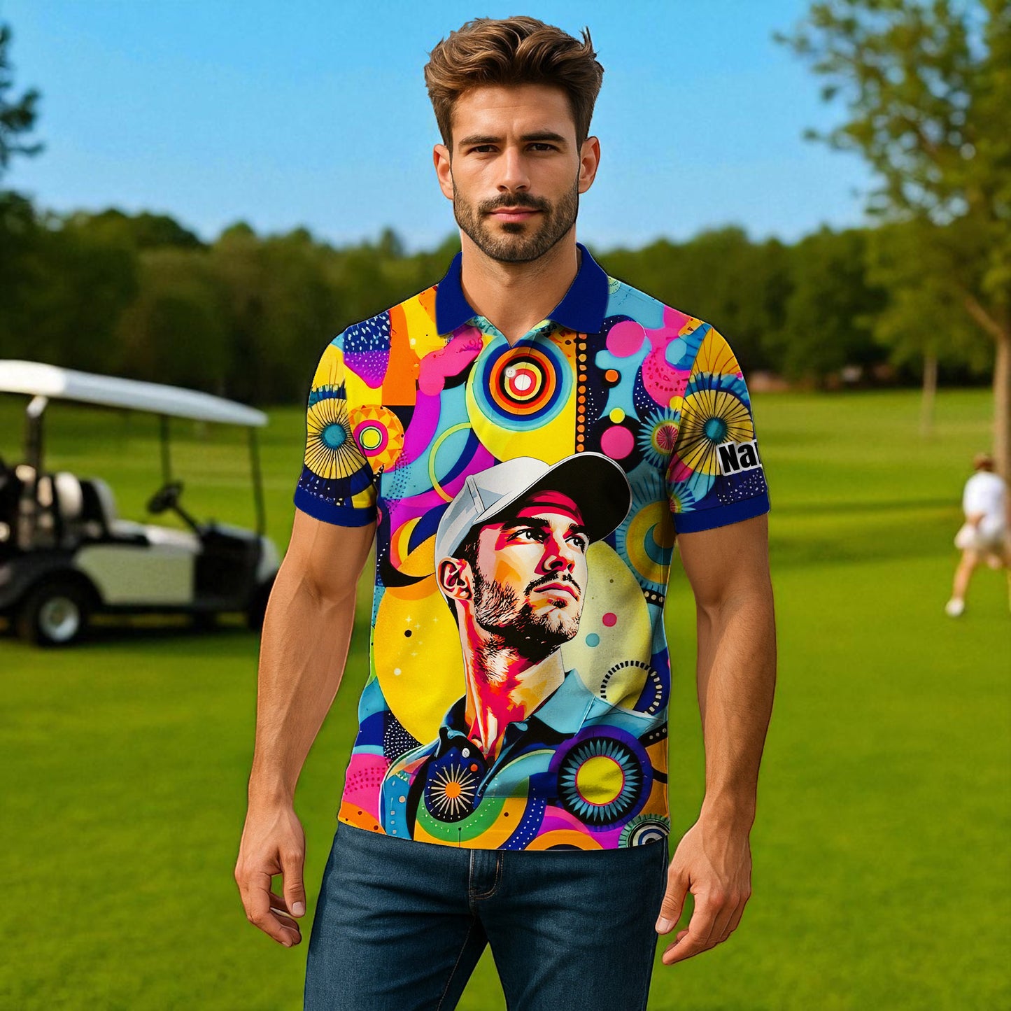HomyGifts Custom Face Polo Shirt – Personalized Abstract Geometric Art Photo Shirt, Unique Gift for Him & Her