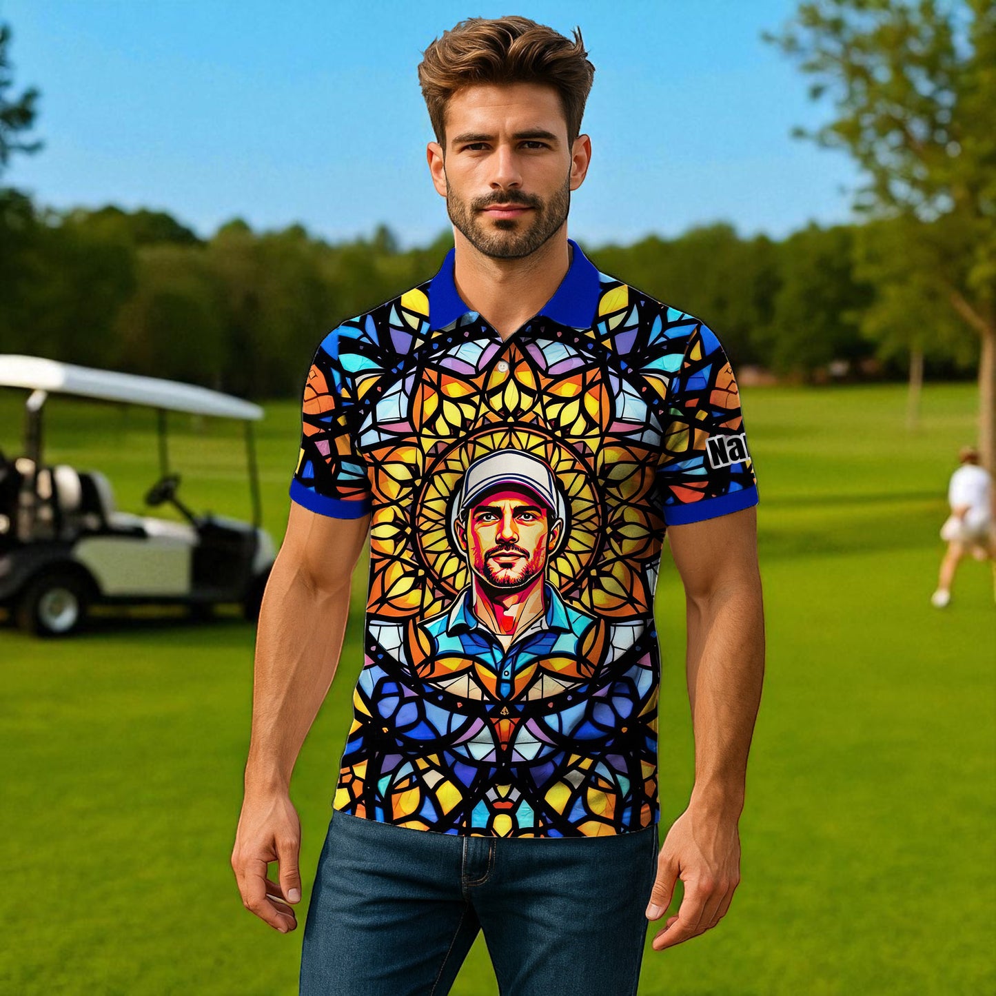 Custom Face Golf Polo Shirt – Personalized Stained Glass Mandala Style Polo, Unique Gift for Men & Women, Vibrant Artistic Golf Shirt, Custom Photo Polo