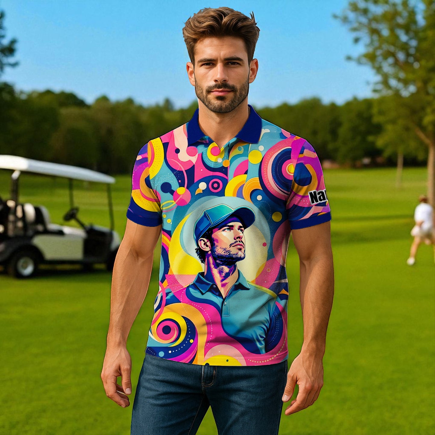 HomyGifts Custom Face Polo Shirt – Personalized Abstract Geometric Art Photo Shirt, Unique Gift for Him & Her