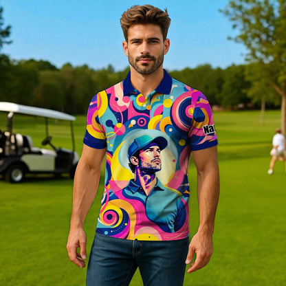 HomyGifts Custom Face Polo Shirt – Personalized Abstract Geometric Art Photo Shirt, Unique Gift for Him & Her