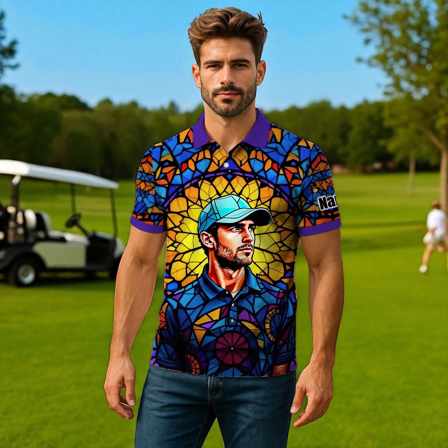 Custom Face Golf Polo Shirt – Personalized Stained Glass Art Shirt, Unique Golf Gift for Him, Colorful Abstract Golf Polo, Custom Sportswear