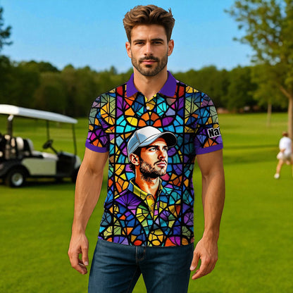 Custom Face Golf Polo Shirt – Personalized Stained Glass Art Shirt, Unique Golf Gift for Him, Colorful Abstract Golf Polo, Custom Sportswear