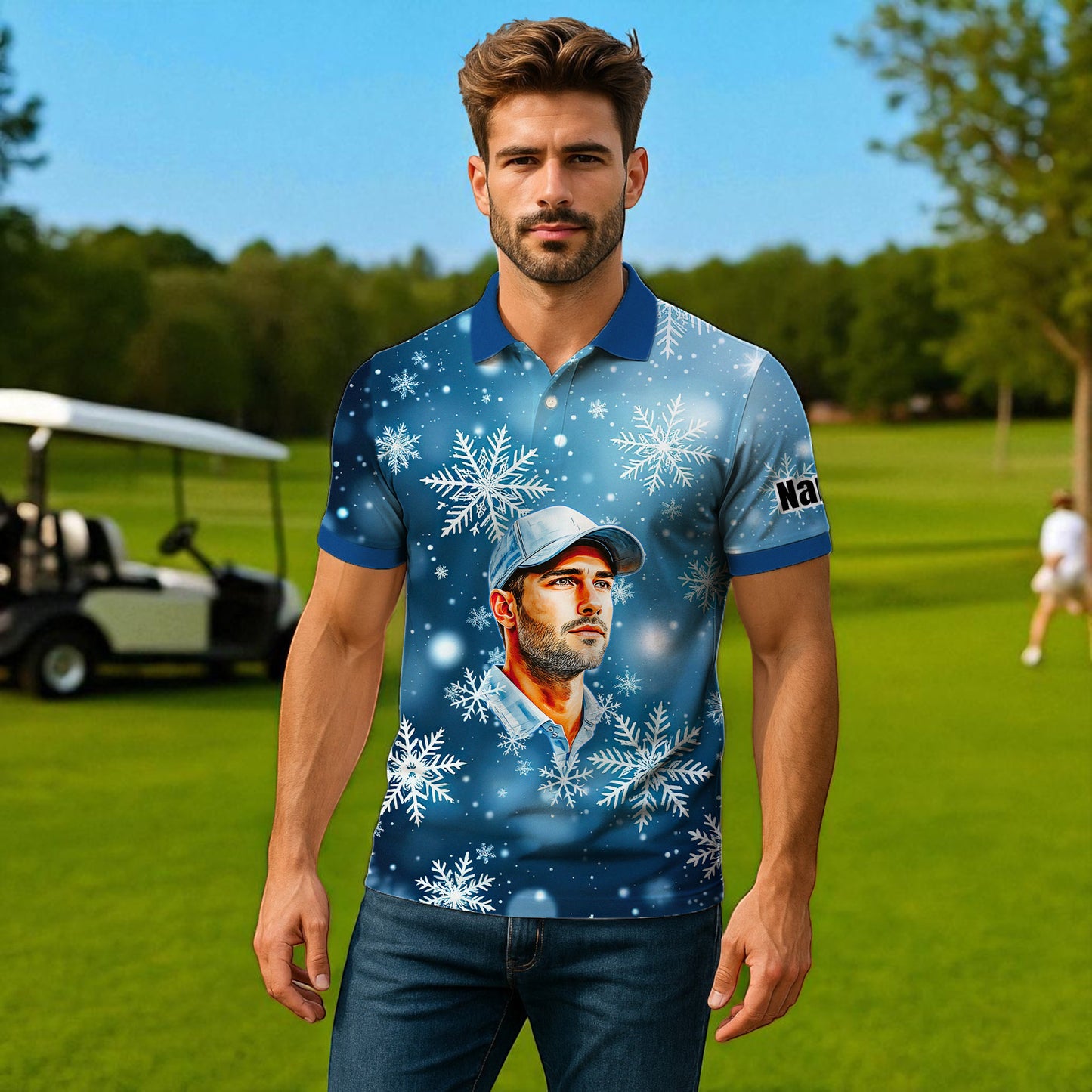 Custom Face Golf Polo Shirt – Personalized Christmas Golf Shirt for Him, Unique Holiday Gift for Golfer, Snowflake Design Golf Apparel Style 5