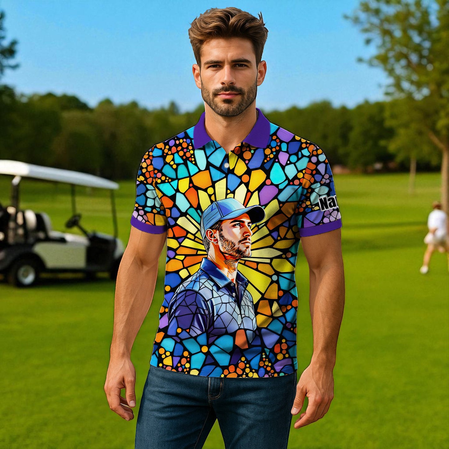 Custom Face Golf Polo Shirt – Personalized Stained Glass Art Shirt, Unique Golf Gift for Him, Colorful Abstract Golf Polo, Custom Sportswear