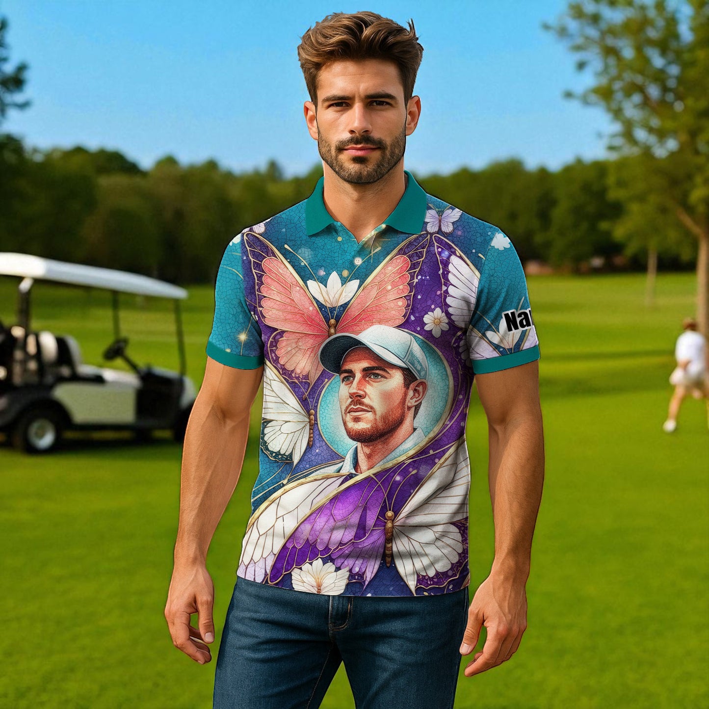 Custom Face Butterfly Golf Polo Shirt – Personalized Spring Mirage Art Style – Unique Gift for Him, Nature Inspired Men's Shirt Style 5