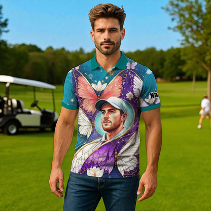 Custom Face Butterfly Golf Polo Shirt – Personalized Spring Mirage Art Style – Unique Gift for Him, Nature Inspired Men's Shirt Style 5