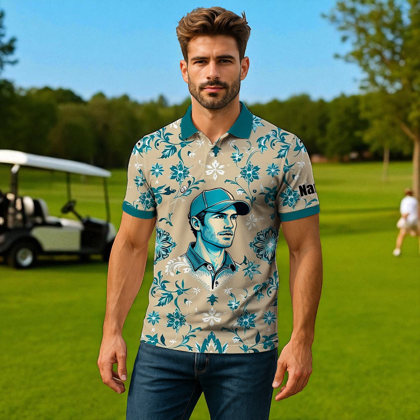 Custom Retro Pattern Art Polo Shirt – Personalized Face & Name | Vintage Floral Pattern Collared Shirt for Men Style 6