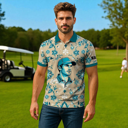 Custom Retro Pattern Art Polo Shirt – Personalized Face & Name | Vintage Floral Pattern Collared Shirt for Men Style 6