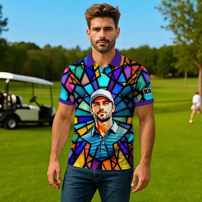 Custom Face Golf Polo Shirt – Personalized Stained Glass Art Shirt, Unique Golf Gift for Him, Colorful Abstract Golf Polo, Custom Sportswear