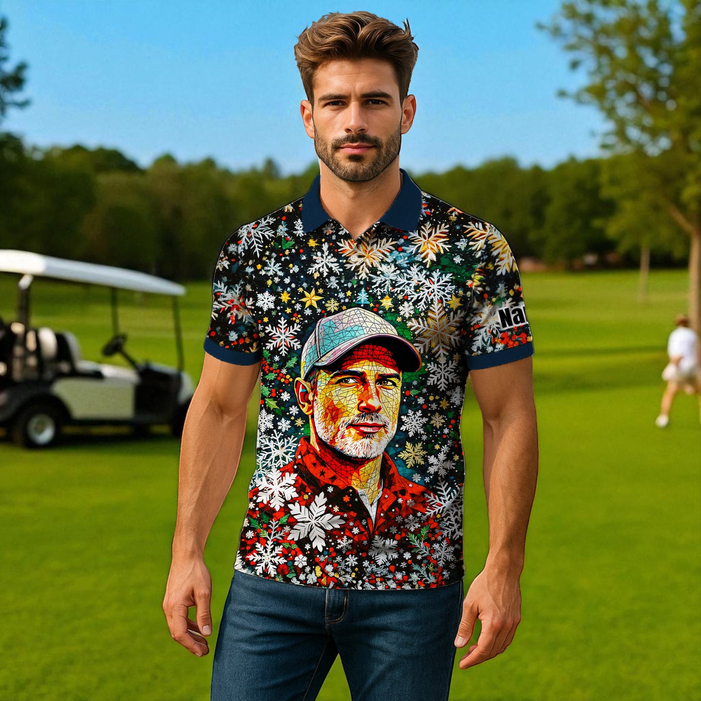 Personalized Christmas Golf Polo Shirt with Your Face – Custom Photo Holiday Shirt – Unique Mosaic Art Xmas Gift for Men, Custom Golf Apparel Style 2