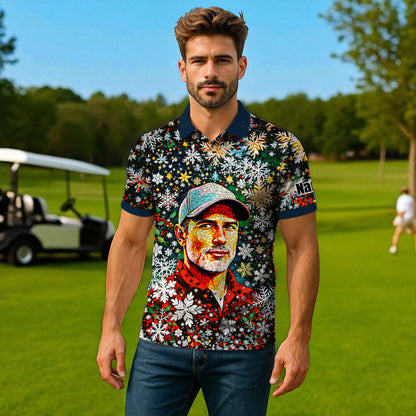 Personalized Christmas Golf Polo Shirt with Your Face – Custom Photo Holiday Shirt – Unique Mosaic Art Xmas Gift for Men, Custom Golf Apparel Style 2