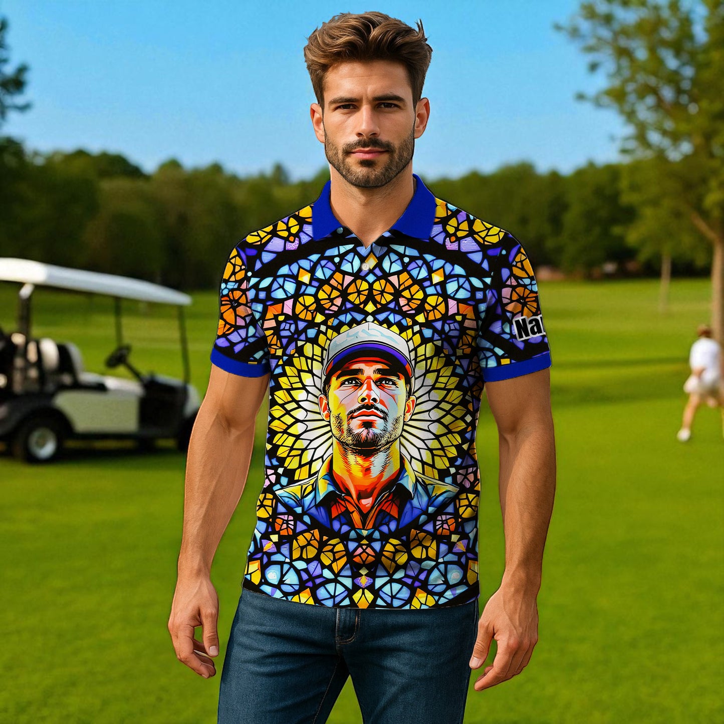 Custom Face Golf Polo Shirt – Personalized Stained Glass Mandala Style Polo, Unique Gift for Men & Women, Vibrant Artistic Golf Shirt, Custom Photo Polo