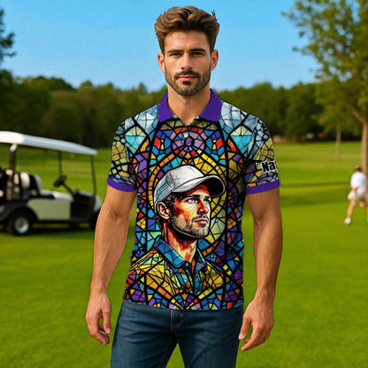 Custom Face Golf Polo Shirt – Personalized Stained Glass Art Shirt, Unique Golf Gift for Him, Colorful Abstract Golf Polo, Custom Sportswear