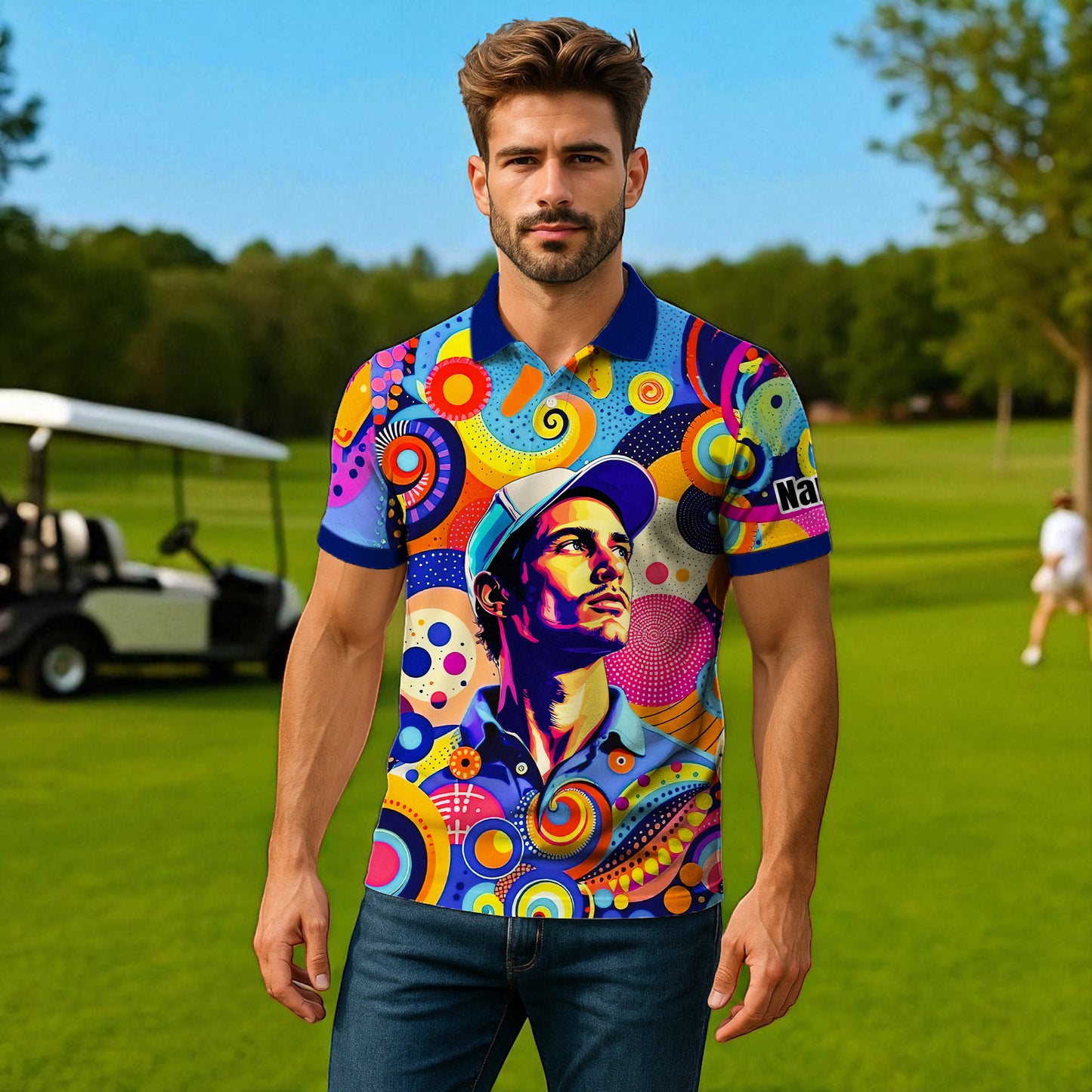 HomyGifts Custom Face Polo Shirt – Personalized Abstract Geometric Art Photo Shirt, Unique Gift for Him & Her
