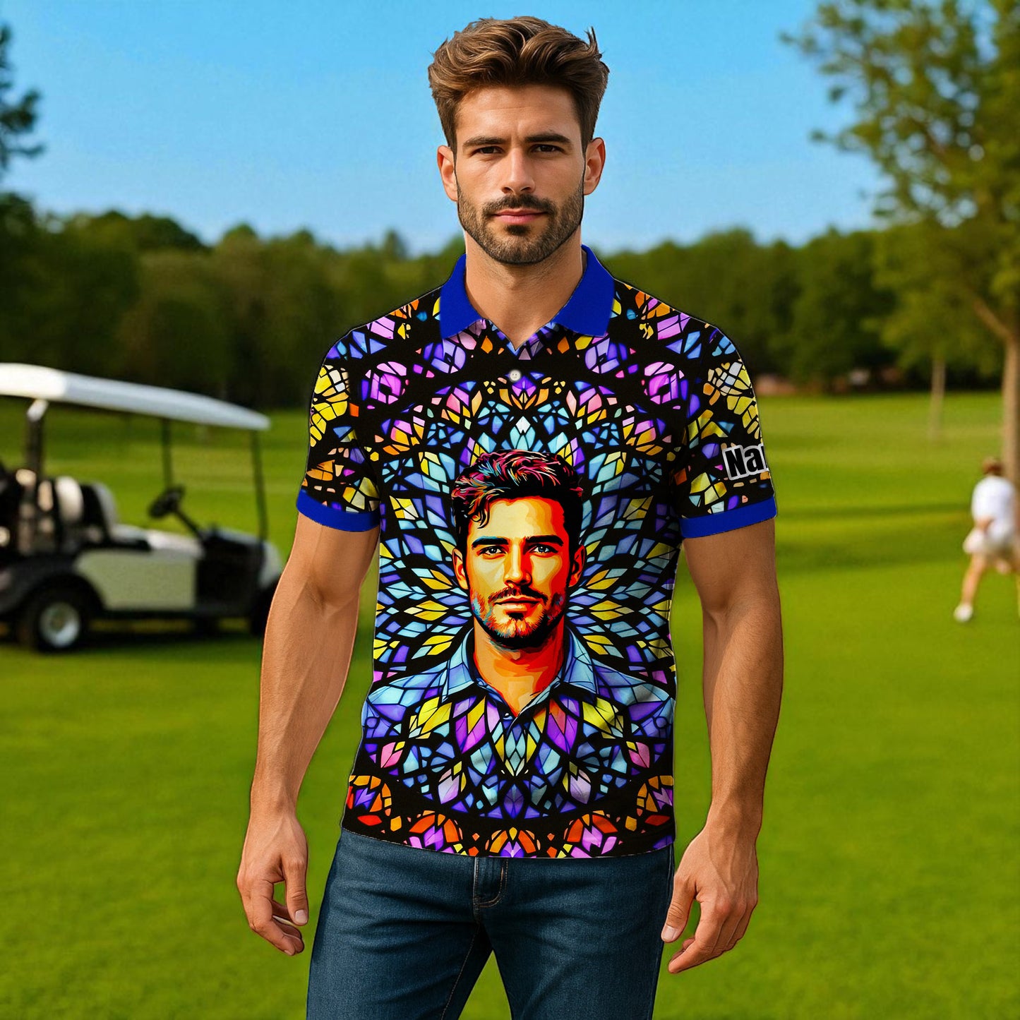 Custom Face Golf Polo Shirt – Personalized Stained Glass Mandala Style Polo, Unique Gift for Men & Women, Vibrant Artistic Golf Shirt, Custom Photo Polo