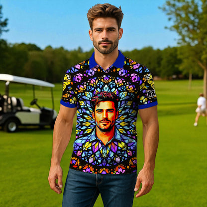 Custom Face Golf Polo Shirt – Personalized Stained Glass Mandala Style Polo, Unique Gift for Men & Women, Vibrant Artistic Golf Shirt, Custom Photo Polo
