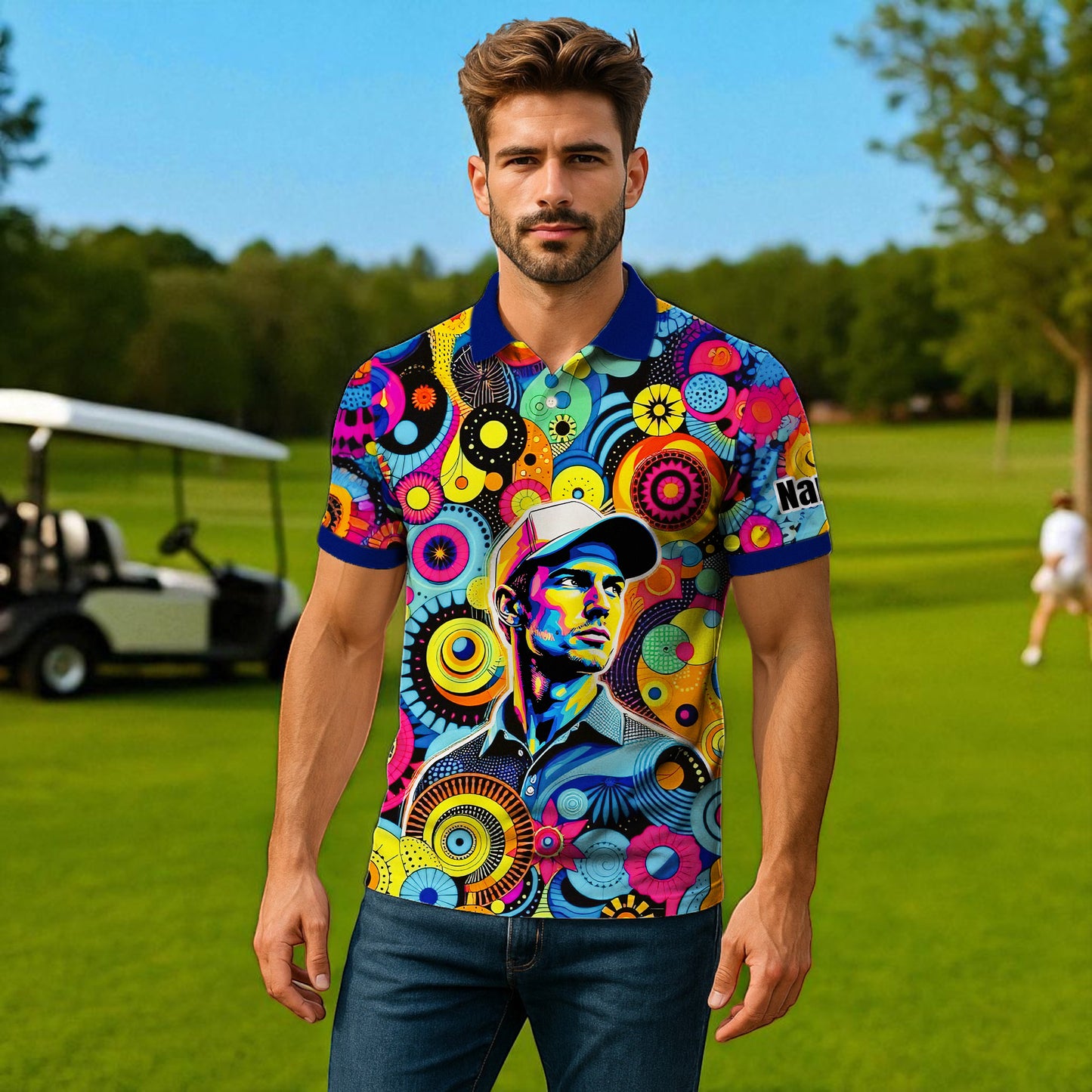 HomyGifts Custom Face Polo Shirt – Personalized Abstract Geometric Art Photo Shirt, Unique Gift for Him & Her