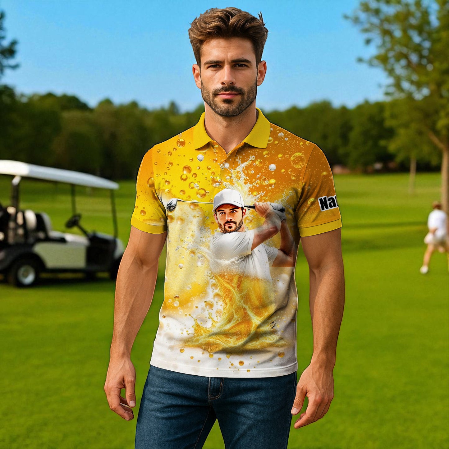 HomyGifts Men's Customized Face Artistic Golf Polo Shirt, Beer pattern Design, Special Gift for Beer & Golf Lovers, Summer Party Outfit, Unique Gift for Men Style 9