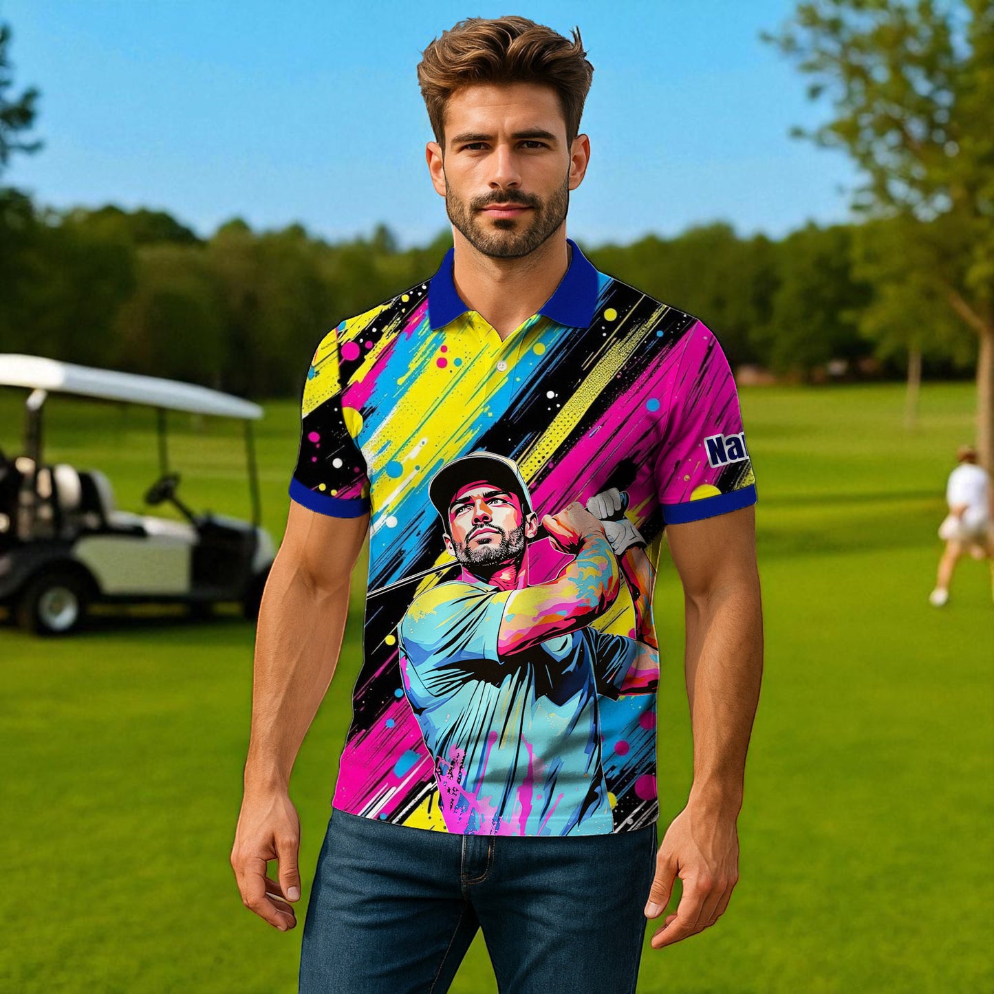 HomyGifts Men's Customized Face Artistic Golf Polo Shirt, Personalized Pop Art Golf Polo, Portrait Gift for Golfers Style 17