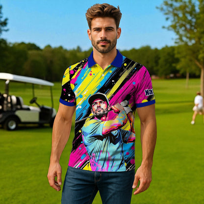 HomyGifts Men's Customized Face Artistic Golf Polo Shirt, Personalized Pop Art Golf Polo, Portrait Gift for Golfers Style 17