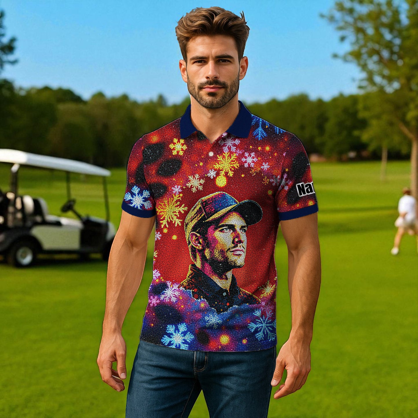 Custom Face Golf Polo Shirt – Personalized Christmas Golf Shirt for Him, Unique Holiday Gift for Golfer, Snowflake Design Golf Apparel Style 12
