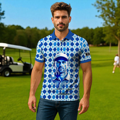 Custom Face Polo Shirt – Geometric Diamond Pattern | Personalized Photo Golf Polo | Unique Gift for Him, Retro Geometric Style Shirt Style 13