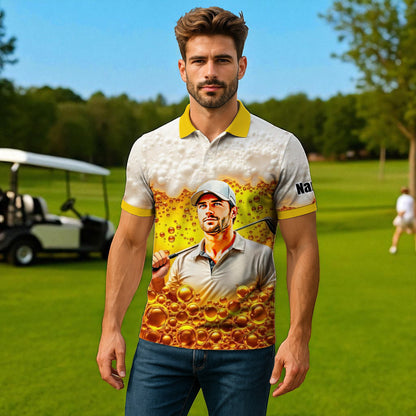 HomyGifts Men's Customized Face Artistic Golf Polo Shirt, Beer pattern Design, Special Gift for Beer & Golf Lovers, Summer Party Outfit, Unique Gift for Men Style 3