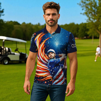 Custom Face Patriotic Golf Polo Shirt – Personalized USA Flag Design – American Pride Gift for Him – Mosaic Art Golf Shirt Style 7