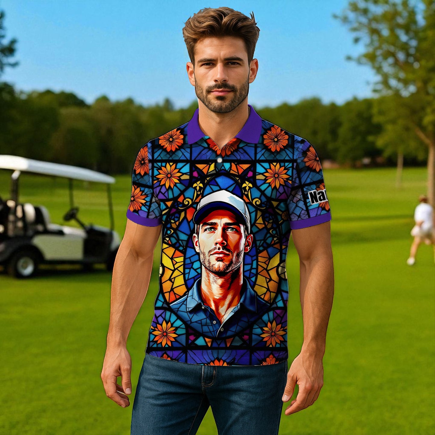 Custom Face Golf Polo Shirt – Personalized Stained Glass Art Shirt, Unique Golf Gift for Him, Colorful Abstract Golf Polo, Custom Sportswear