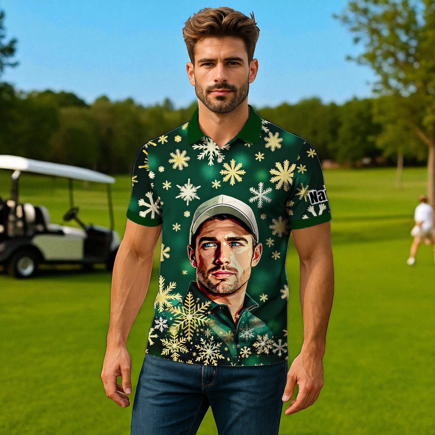 Custom Face Golf Polo Shirt – Personalized Christmas Golf Shirt for Him, Unique Holiday Gift for Golfer, Snowflake Design Golf Apparel Style 20