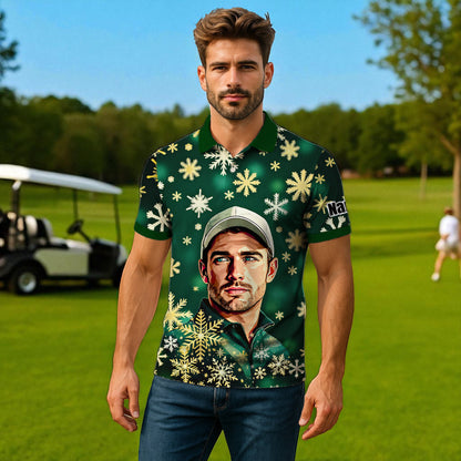 Custom Face Golf Polo Shirt – Personalized Christmas Golf Shirt for Him, Unique Holiday Gift for Golfer, Snowflake Design Golf Apparel Style 20