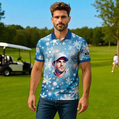 Custom Face Golf Polo Shirt – Personalized Christmas Golf Shirt for Him, Unique Holiday Gift for Golfer, Snowflake Design Golf Apparel Style 2