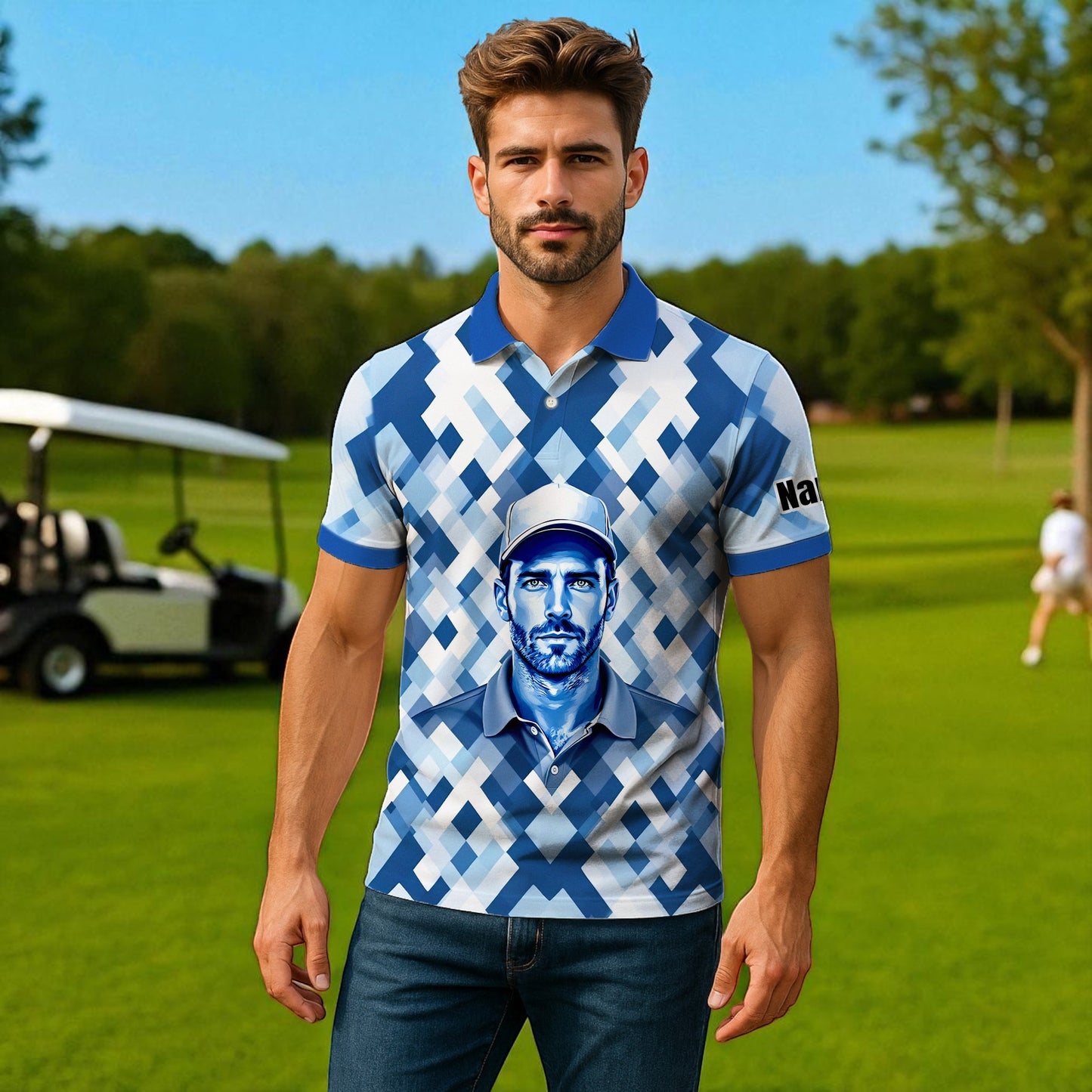 Custom Face Polo Shirt – Geometric Diamond Pattern | Personalized Photo Golf Polo | Unique Gift for Him, Retro Geometric Style Shirt Style 12