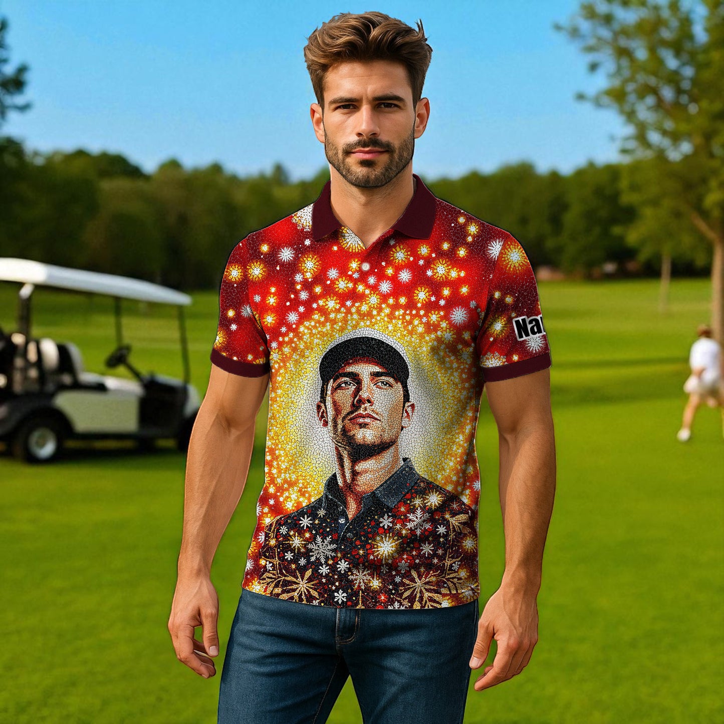 Custom Face Golf Polo Shirt – Personalized Christmas Golf Shirt for Him, Unique Holiday Gift for Golfer, Snowflake Design Golf Apparel Style 15