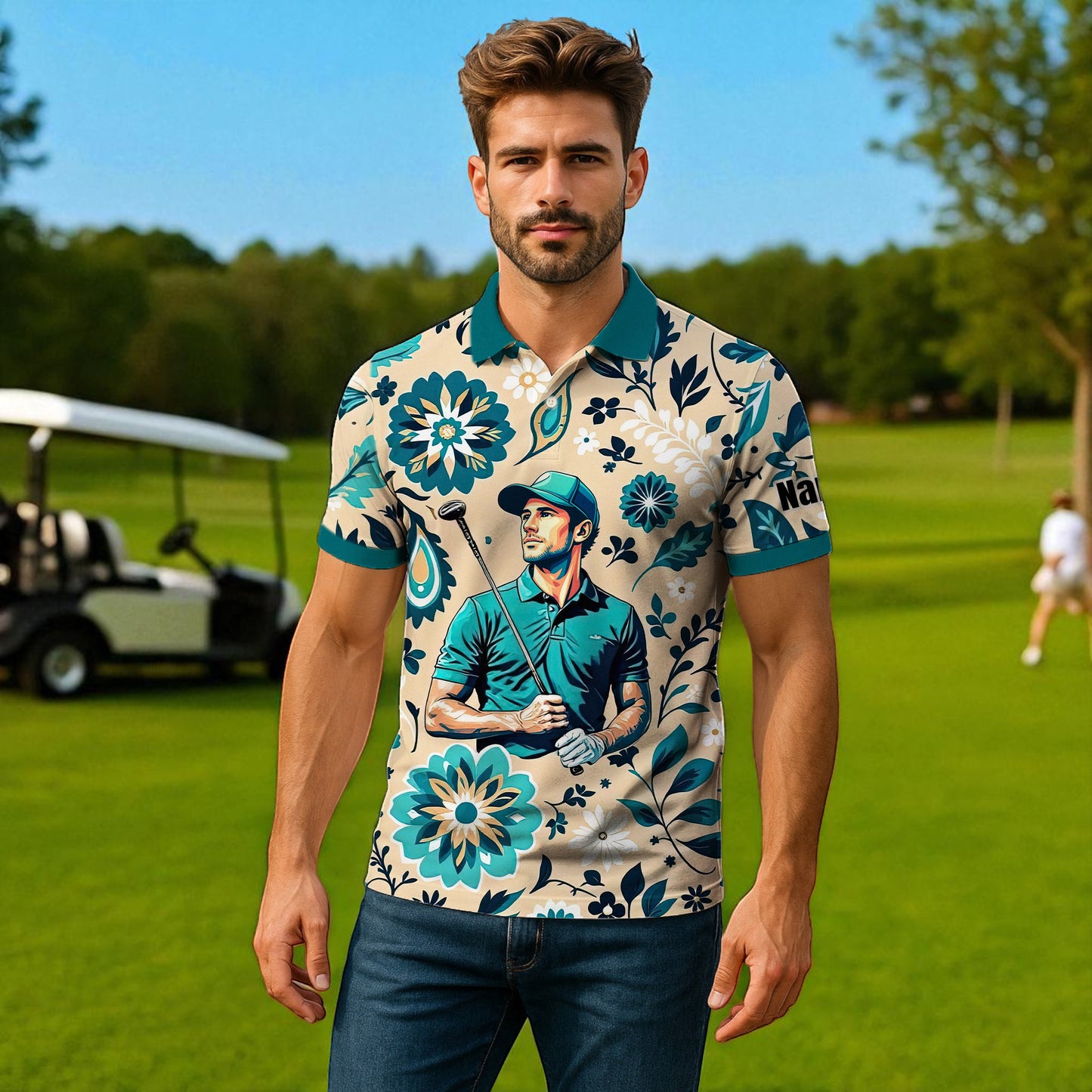 Custom Retro Pattern Art Polo Shirt – Personalized Face & Name | Vintage Floral Pattern Collared Shirt for Men Style 4