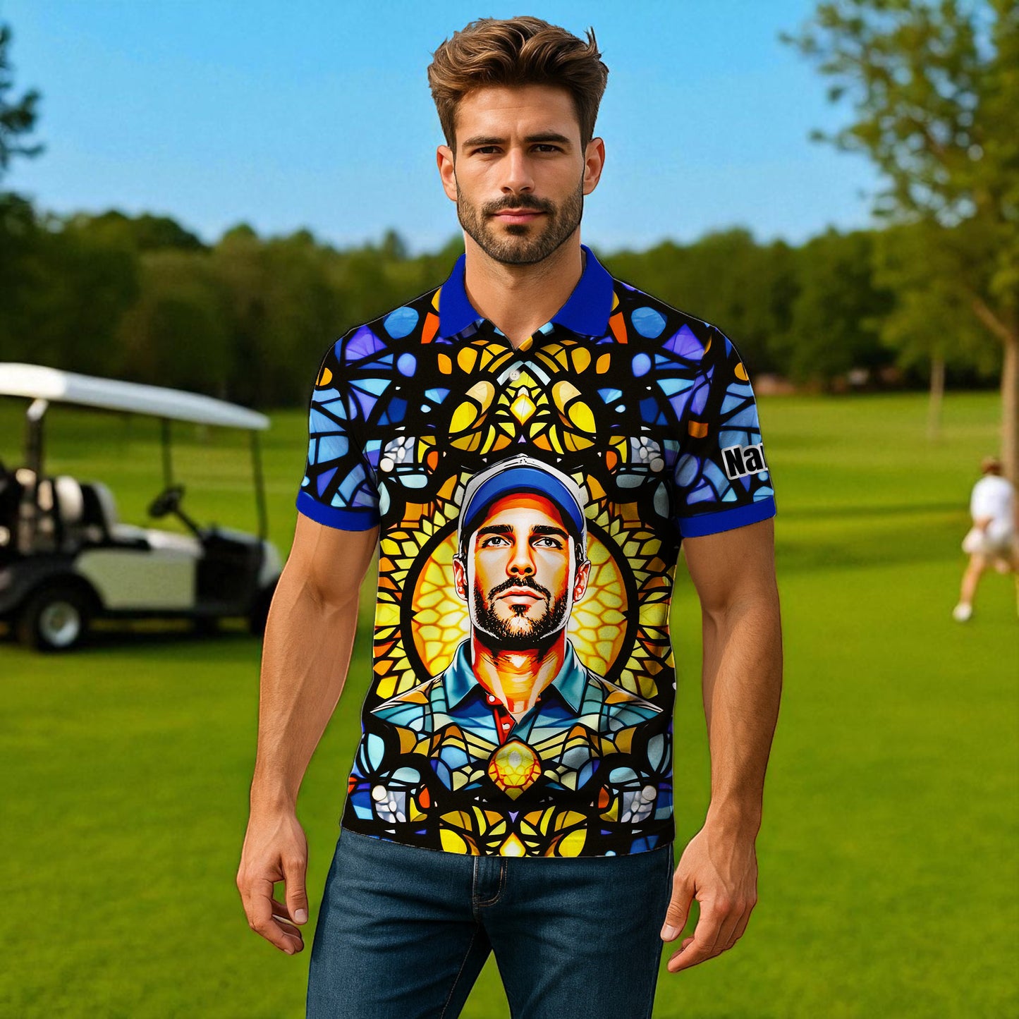 Custom Face Golf Polo Shirt – Personalized Stained Glass Mandala Style Polo, Unique Gift for Men & Women, Vibrant Artistic Golf Shirt, Custom Photo Polo