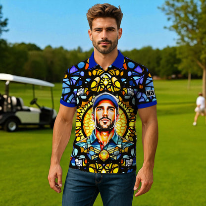 Custom Face Golf Polo Shirt – Personalized Stained Glass Mandala Style Polo, Unique Gift for Men & Women, Vibrant Artistic Golf Shirt, Custom Photo Polo