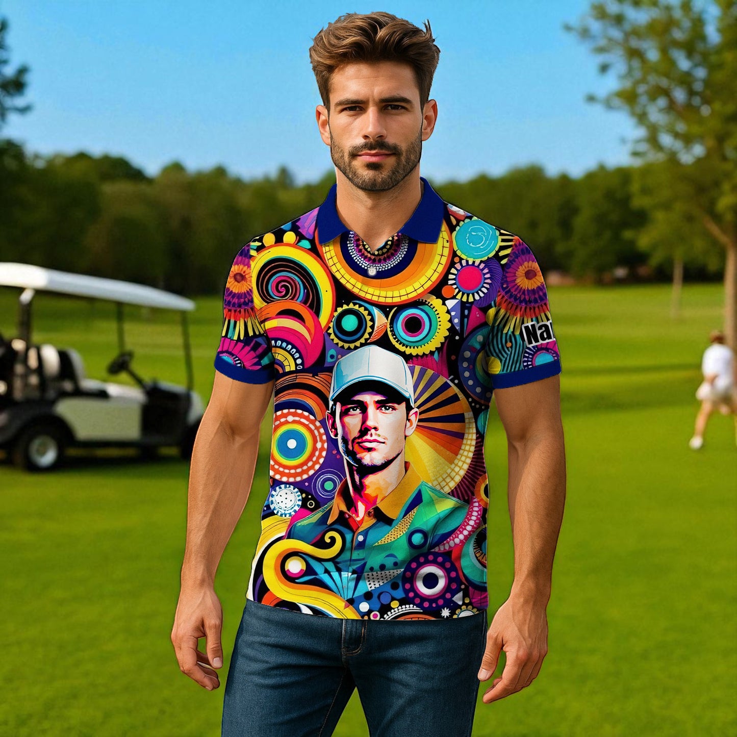 HomyGifts Custom Face Polo Shirt – Personalized Abstract Geometric Art Photo Shirt, Unique Gift for Him & Her
