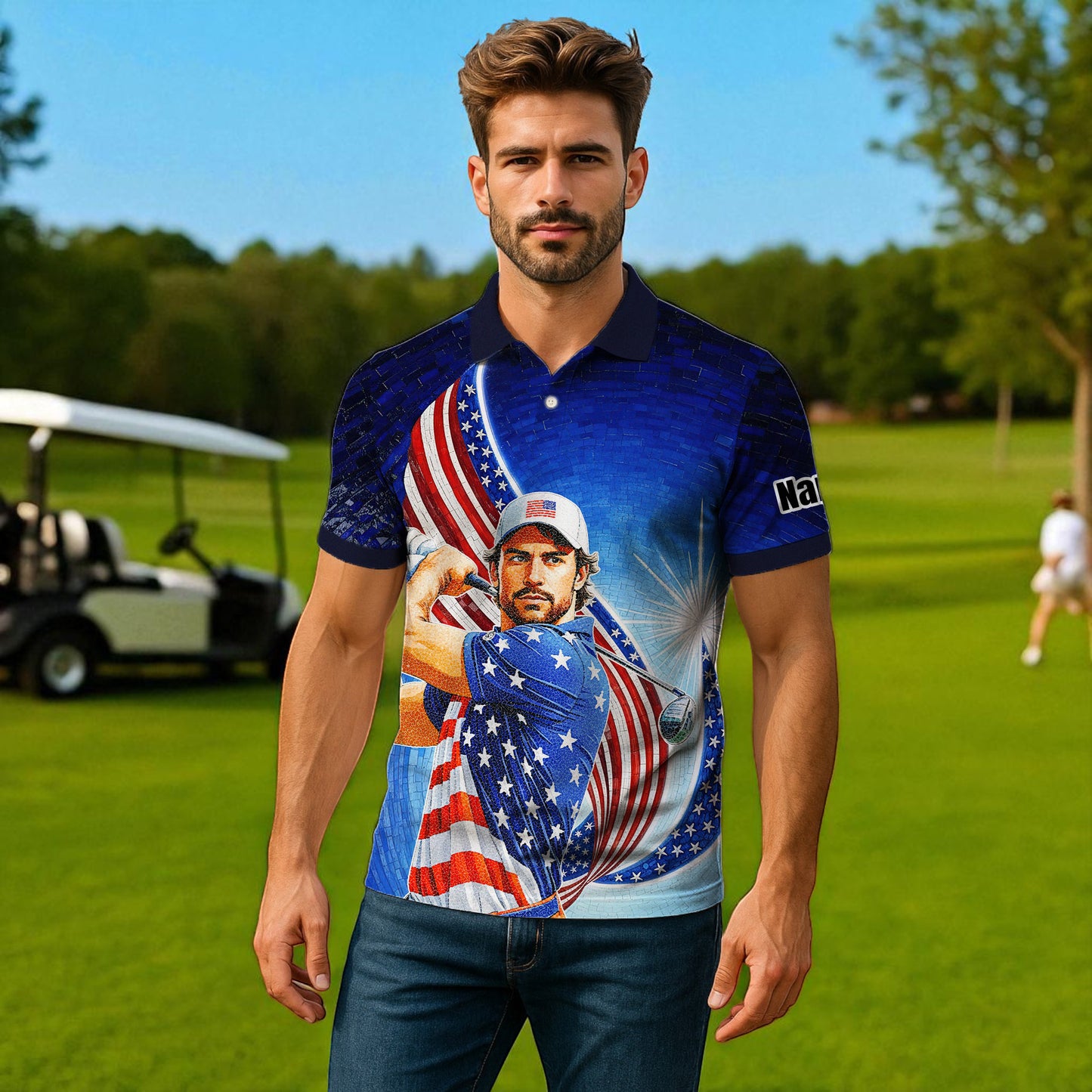 Custom Face Patriotic Golf Polo Shirt – Personalized USA Flag Design – American Pride Gift for Him – Mosaic Art Golf Shirt Style 6