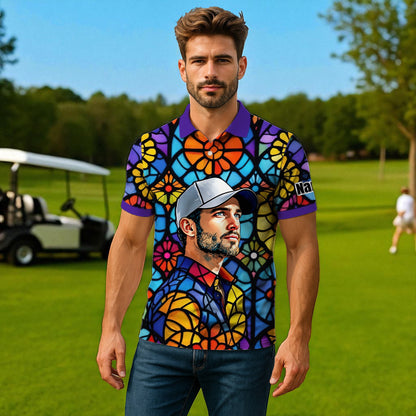 Custom Face Golf Polo Shirt – Personalized Stained Glass Art Shirt, Unique Golf Gift for Him, Colorful Abstract Golf Polo, Custom Sportswear
