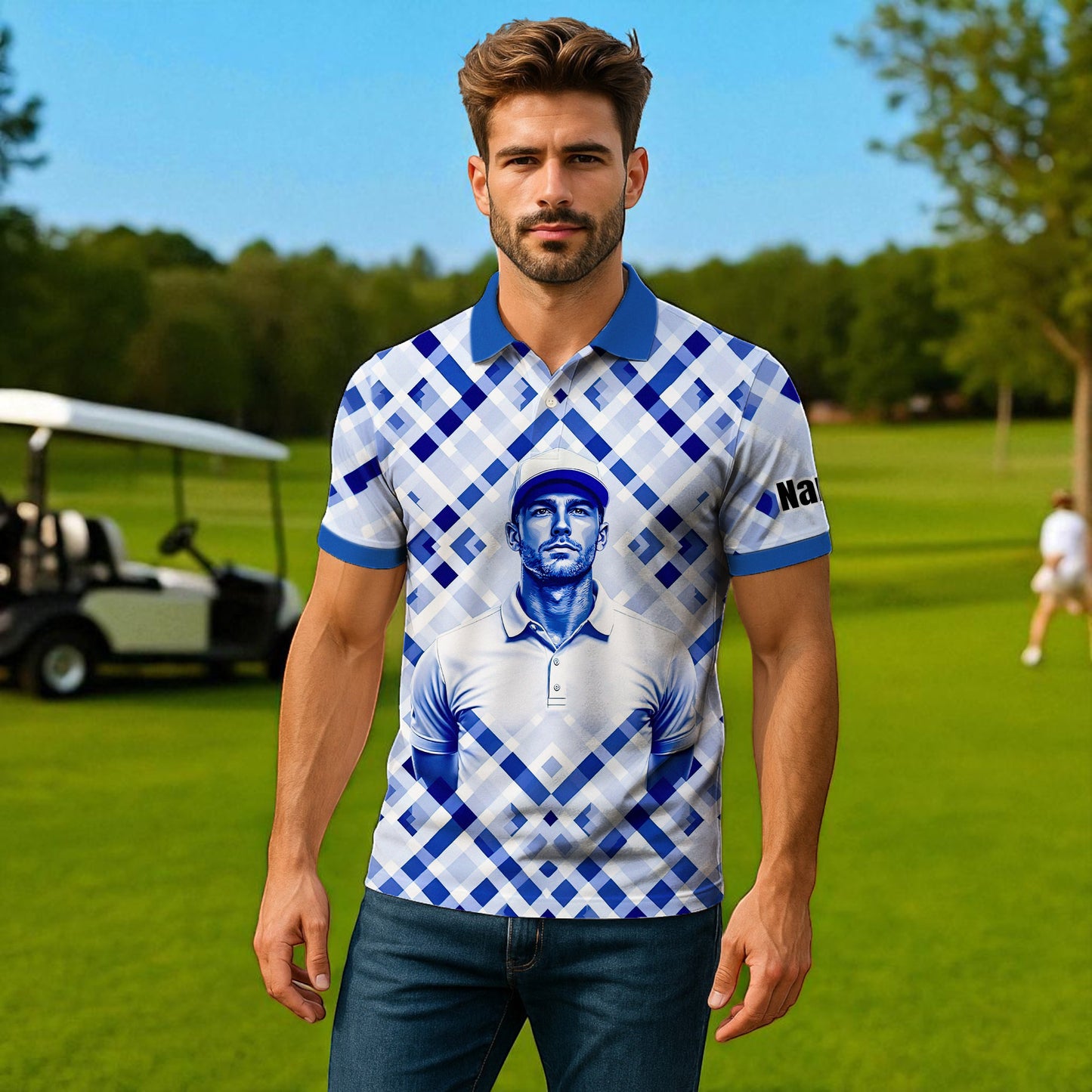 Custom Face Polo Shirt – Geometric Diamond Pattern | Personalized Photo Golf Polo | Unique Gift for Him, Retro Geometric Style Shirt Style 6