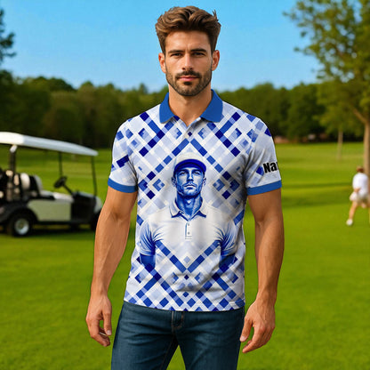 Custom Face Polo Shirt – Geometric Diamond Pattern | Personalized Photo Golf Polo | Unique Gift for Him, Retro Geometric Style Shirt Style 6