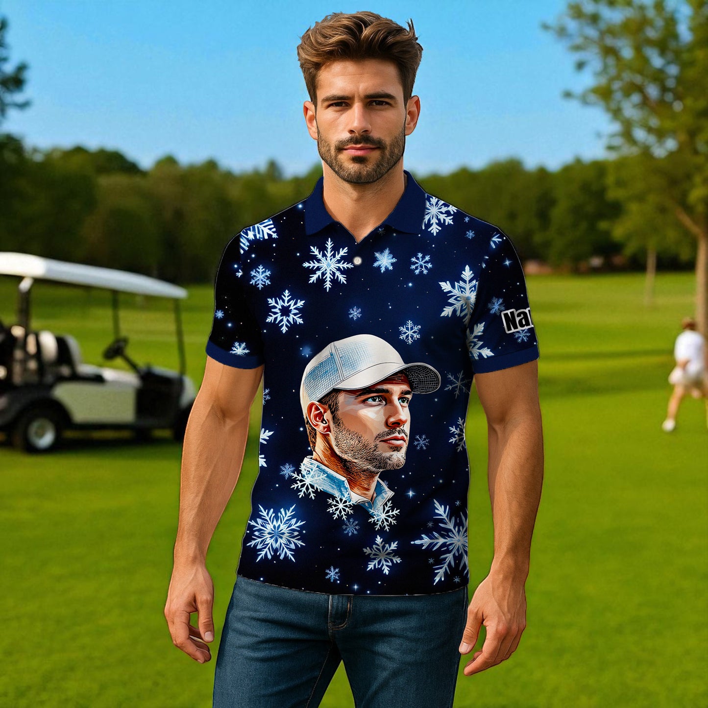 Custom Face Golf Polo Shirt – Personalized Christmas Golf Shirt for Him, Unique Holiday Gift for Golfer, Snowflake Design Golf Apparel Style 4