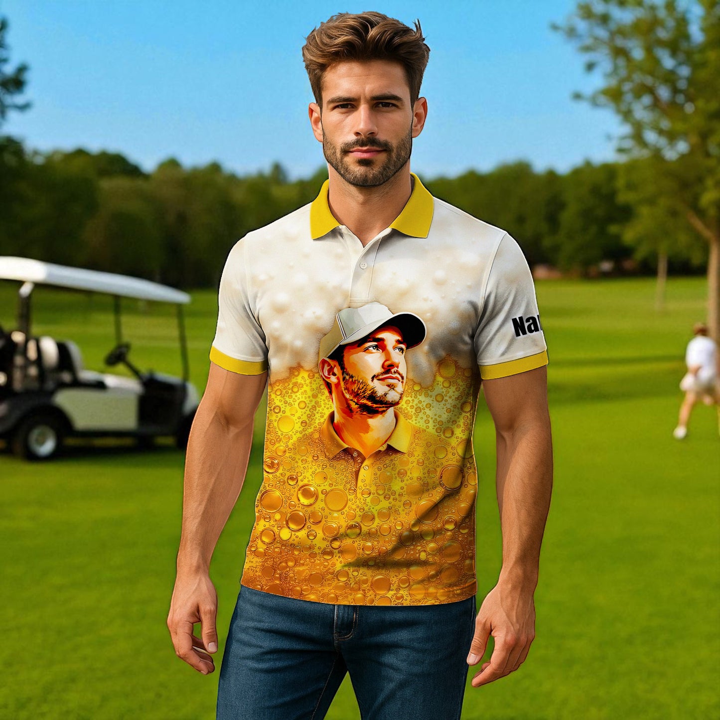 HomyGifts Men's Customized Face Artistic Golf Polo Shirt, Beer pattern Design, Special Gift for Beer & Golf Lovers, Summer Party Outfit, Unique Gift for Men Style 6