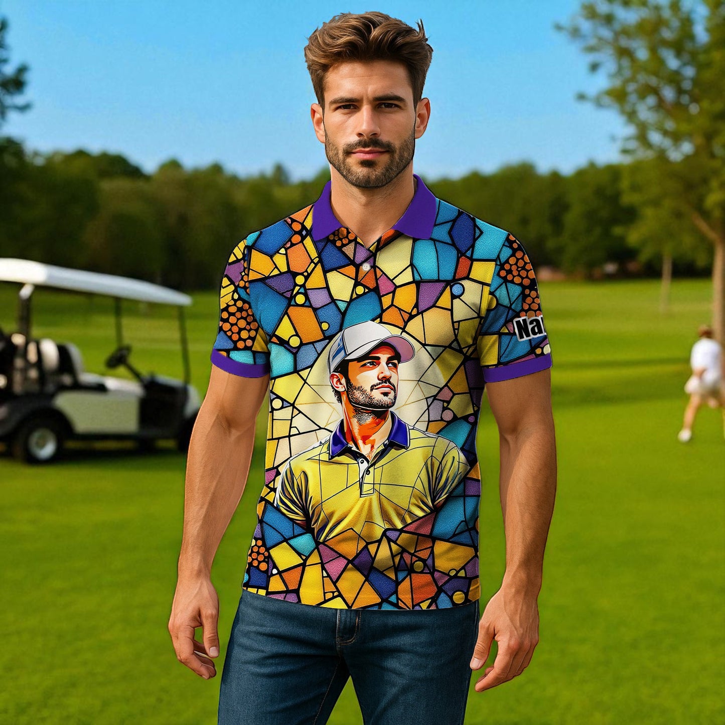Custom Face Golf Polo Shirt – Personalized Stained Glass Art Shirt, Unique Golf Gift for Him, Colorful Abstract Golf Polo, Custom Sportswear