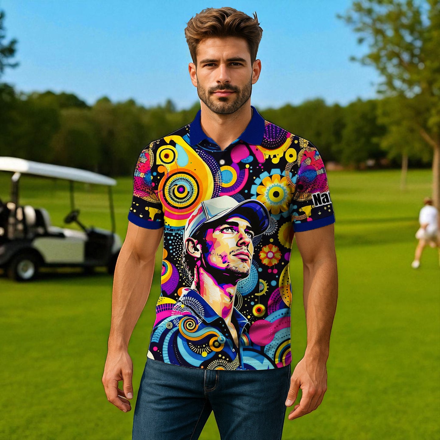 HomyGifts Custom Face Polo Shirt – Personalized Abstract Geometric Art Photo Shirt, Unique Gift for Him & Her