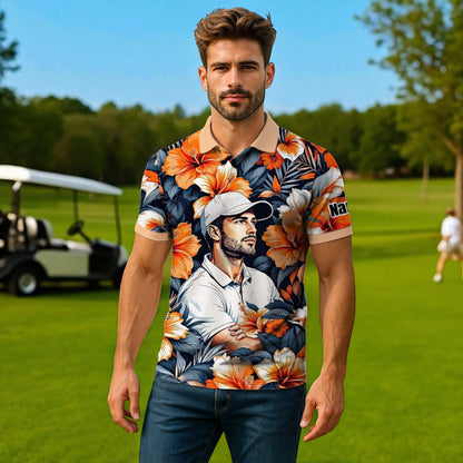 Custom Face Tropical Floral Polo Shirt – Personalized Summer Shirt, Fun Beach Vacation Gift, Unique Tropical Party Outfit Style 3