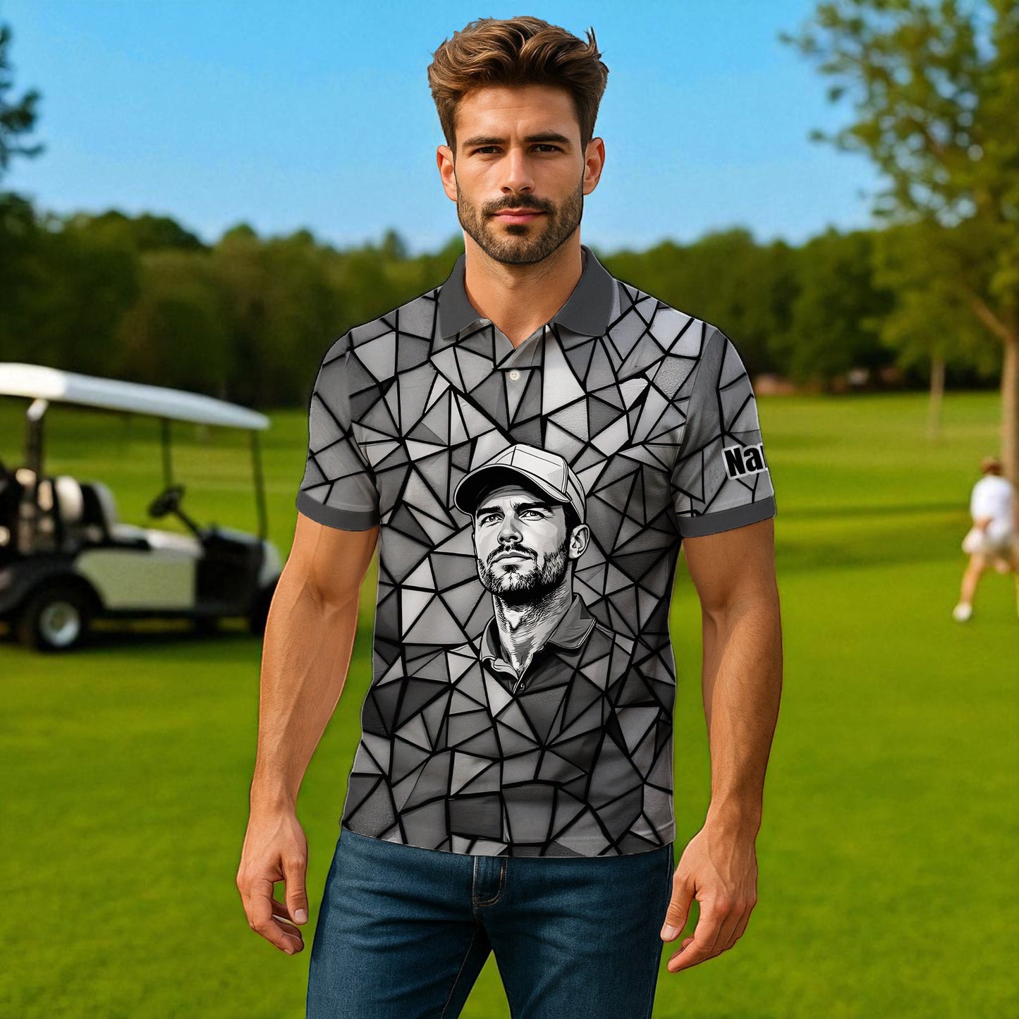 Angular Geometric Glass Pattern Custom Face Polo — Stained-Glass Mosaic Print, Personalized Sublimation Golf Shirt, Vibrant Geometric Portrait Tee