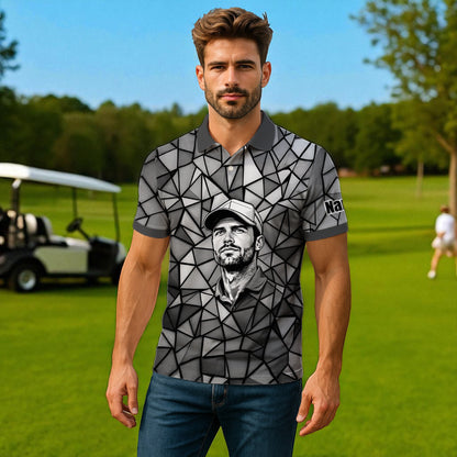Angular Geometric Glass Pattern Custom Face Polo — Stained-Glass Mosaic Print, Personalized Sublimation Golf Shirt, Vibrant Geometric Portrait Tee